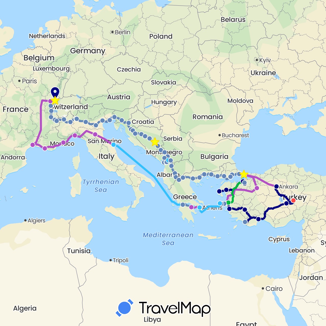 TravelMap itinerary: driving, bus, cycling, train, hiking, boat in Albania, Bosnia and Herzegovina, Switzerland, France, Greece, Croatia, Italy, Montenegro, Macedonia, Slovenia, Turkey (Asia, Europe)